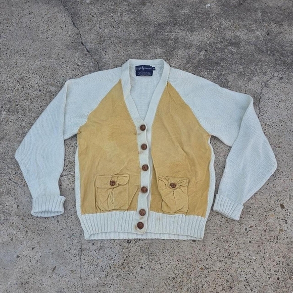 Vintage Polo Ralph Lauren Knit Cardigan With Suede Front Sweater Size M READ!